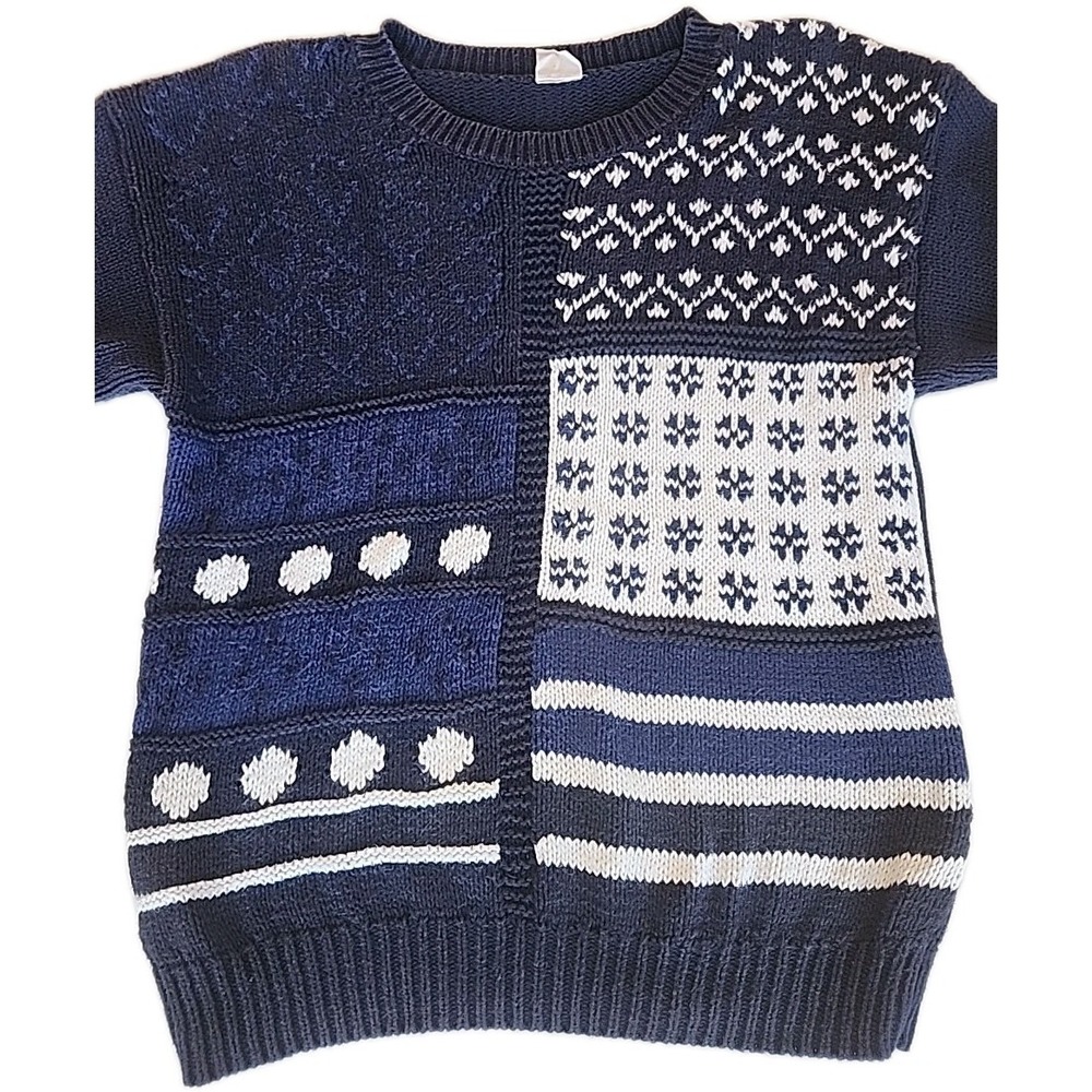 Womens Chunky Fair Isle Patchwork Pullover Sweater‎ M Blue White Coastal Grandma - Picture 2 of 8